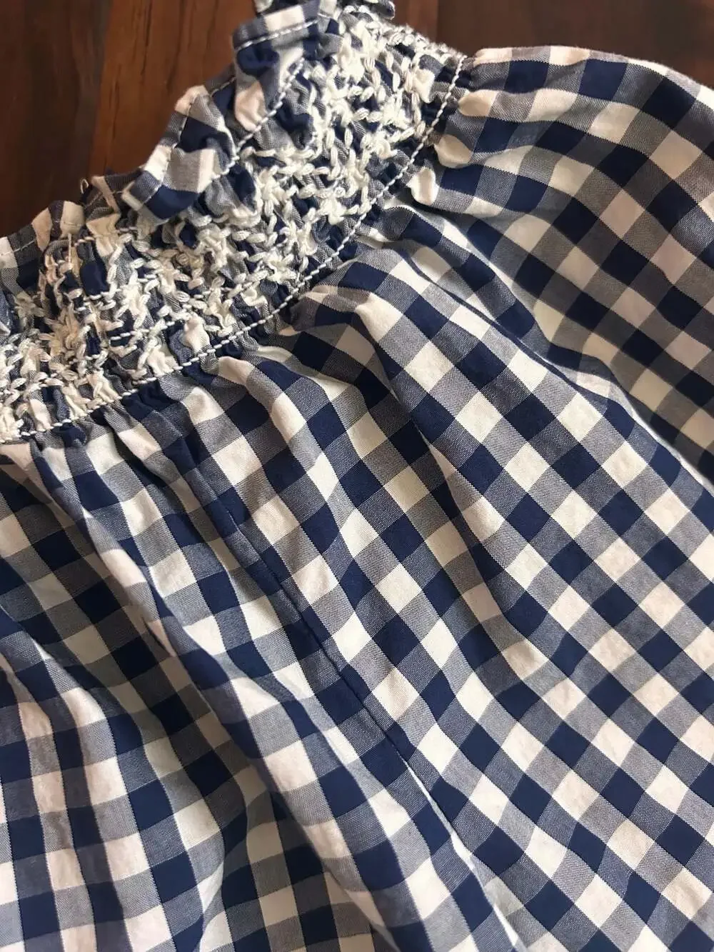 Madewell Women's Blue and White Gingham Off-the-Shoulder Smocked Top Americana